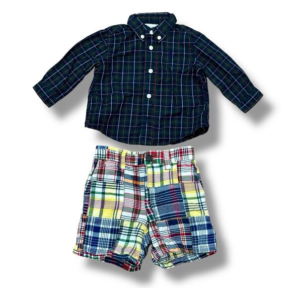 Set of Ralph Lauren Baby Boy Size 6M Plaid Button Shirt + 9M Seersucker Shorts - Picture 1 of 9
